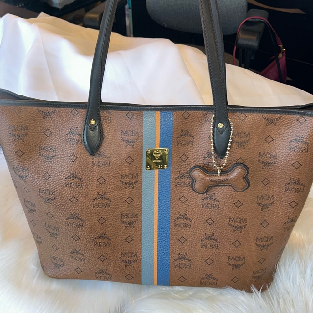 🔵MCM🟤Visetos🔵Striped Shopper Tote Bag